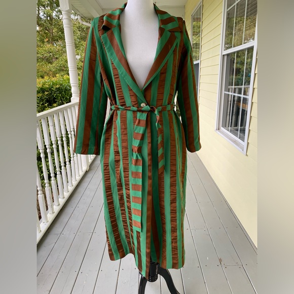 NWT Kaos Italy Brown Green Satin Trench Coat Size Small - Picture 6 of 12